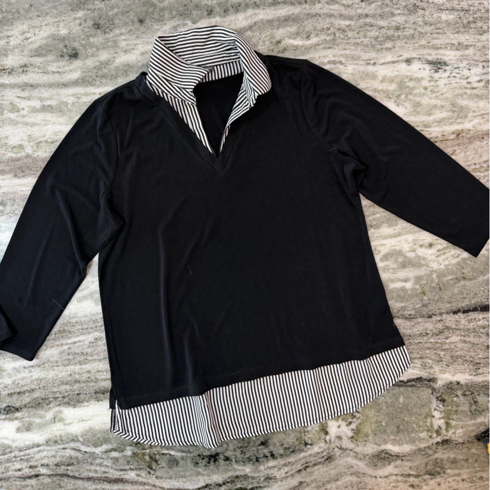 Adrianna Papell Black and White Striped Collar Top